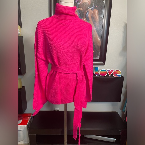 Women's rose pink Turtleneck Sweaters Long Sleeve Belted Knitted Pullover medium - Picture 2 of 7